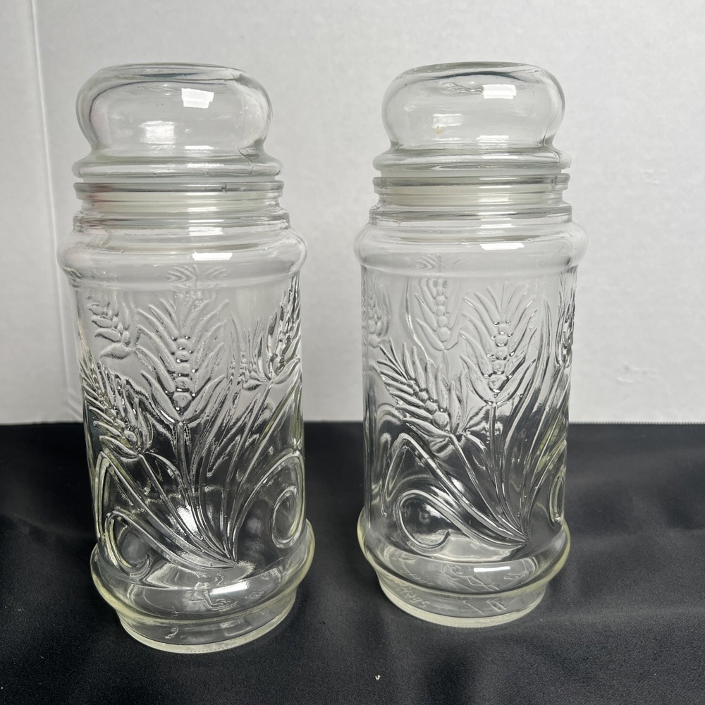 2- Planters Mr.‎ Peanut Wheat Pattern Clear Glass Jar w/Lid - Vintage 1982